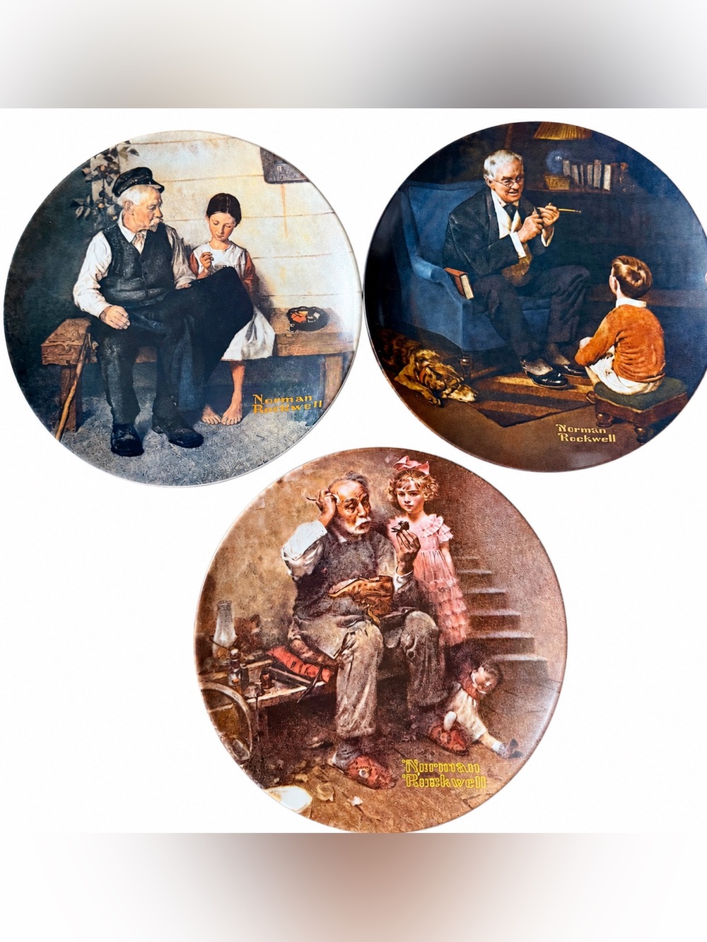 Norman Rockwell Decorative Plates in Brown, Blue, Pink